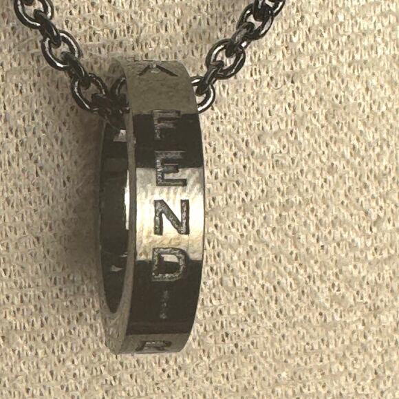 Fendi Logo Pendant Ring Style Necklace Gunmetal Unisex Black Chain Authentic CoA - Picture 1 of 5